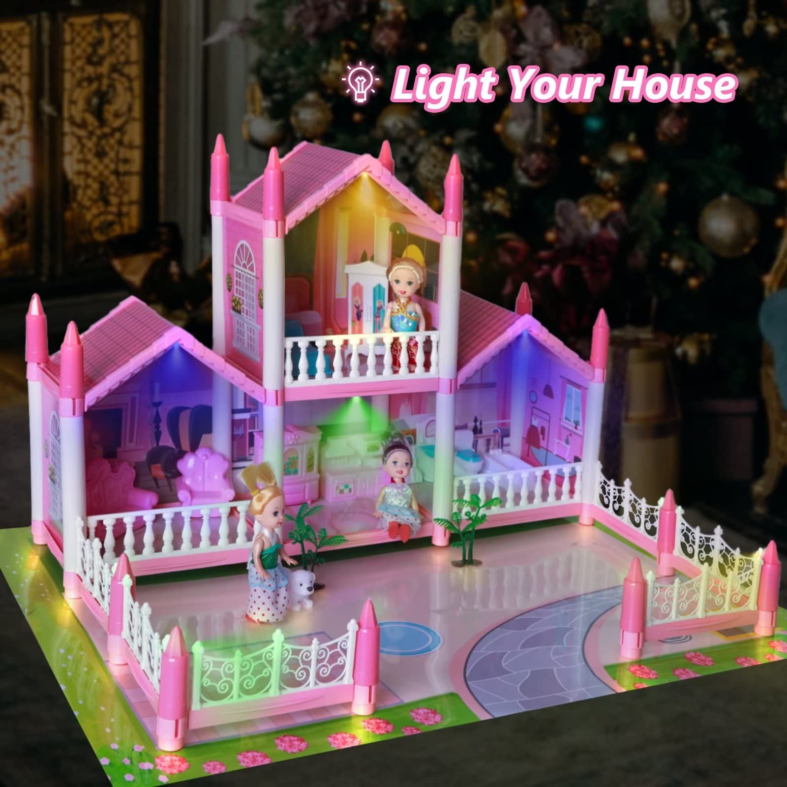 Dollhouse Girls Toys - Dreamhouse Playhouse with Colorful Light, Yard, 3 Toy Figures, Furnitures & Scene Mat Pretend to Play Princess Toys House, Ideal for 3 4 5 6 7 8+ Year Old Girl