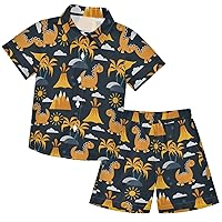 visesunny Toddler Boys 2 Piece Outfit Button Down Shirt and Short Sets Yellow Dinosaur Volcano Palm Tree Boy Summer Outfits