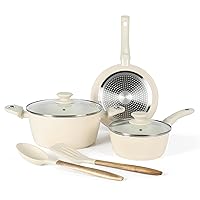 Gibson Home Plaza Café Forged Aluminum Healthy PFA-Free Ceramic Pots and Pans Cookware Set, 7-Piece Set, Linen White