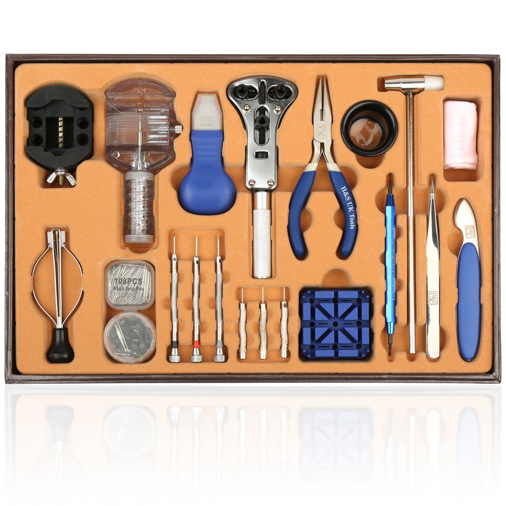 H&S Watch Repair Tool Kit - 155pcs - Tools for Pin Link & Back Removal and Strap Adjustment - Comes in a Box Case