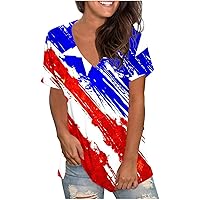 Womens T Shirts Basic V Neck Tee Loose Fitting Casual Short Sleeve Tops Independence Day Star Stripes Patriotic Tee Tops