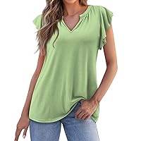 Womens Fashion Tops Ruched Tops for 2024 Summer Women Solid Color Fashion Sexy Elegant Loose with Short Sleeve V Neck Flowy Blouses Light Green X-Large