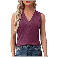 Womens Dressy V Neck Tank Tops Summer Casual Fitted Sleeveless Shirts Daily Basic Solid Loose Comfy Tee Blouses