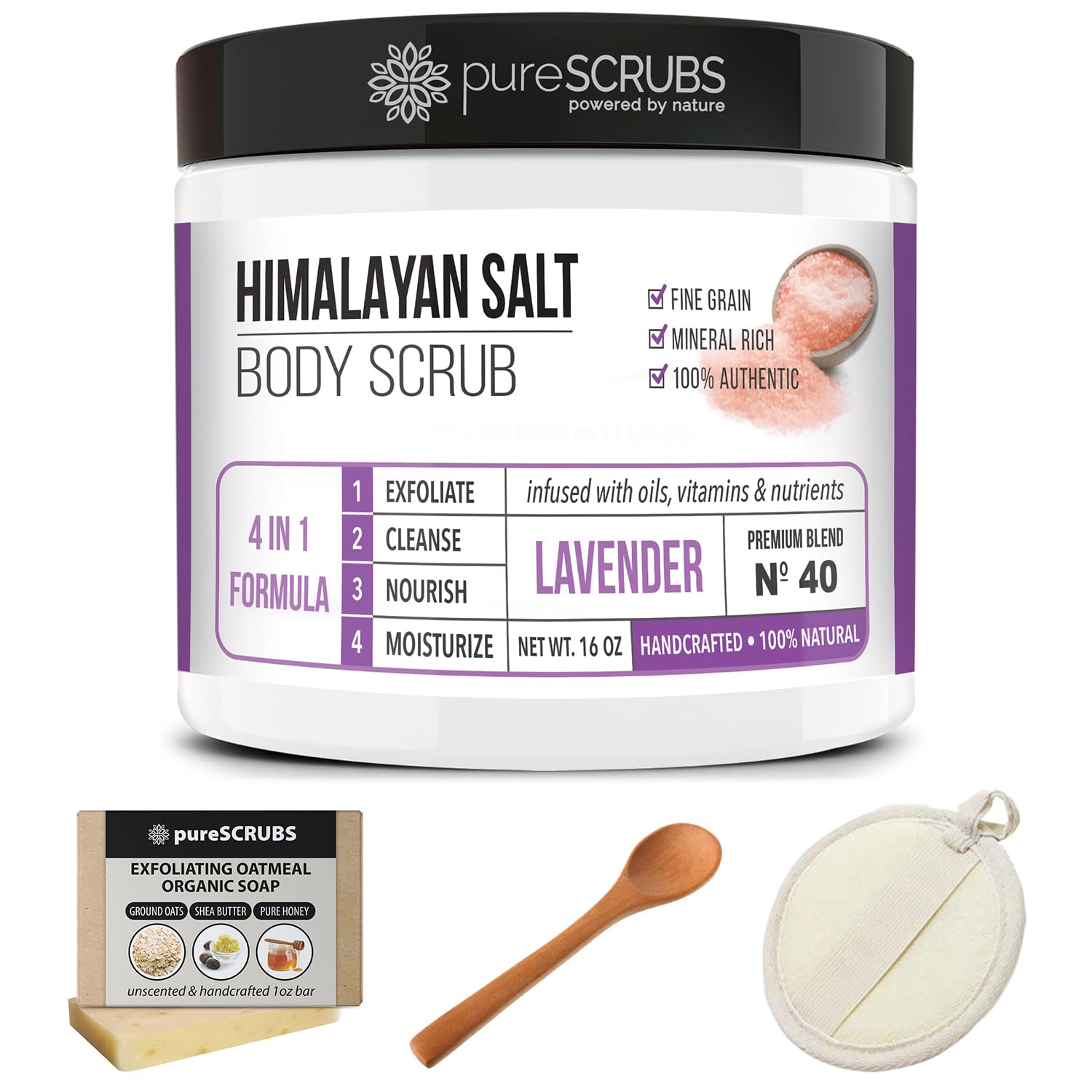 pureSCRUBS Premium Pink Himalayan Salt Body Scrub Set - Large 16oz LAVENDER SCRUB, Organic Essential Oils & Nutrients INCLUDES Wooden Stirring Spoon, Loofah & Mini Exfoliating Bar Soap