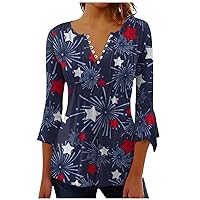 Button Down Shirts for Women Print Tunic Summer Tops Dressy Casual Bell 3/4 Sleeve V Beach Hawaiian Shirt