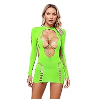 ACSUSS Sexy Womens Fishnet Hollow Out Bodycon Mini Dress V Neck Babydoll Clubwear Party