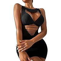 YiZYiF Womens Fishnet Bodycon Mini Dress Mock Neck Hollow Out Nightdress Mesh Sheer Club Party Dress Halter Black Type C One Size