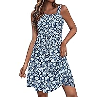 Summer Dresses for Women 2024 Casual Sleeveless High Waist A-line Sundress Floral Square Neck Midi Dress with Pocket