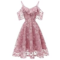 IWEMEK Women Spaghetti Strap Floral Lace Bridesmaid Cocktail Party Dress Cold Shoulder Ruffle Sleeve Wedding Guest Prom Dress
