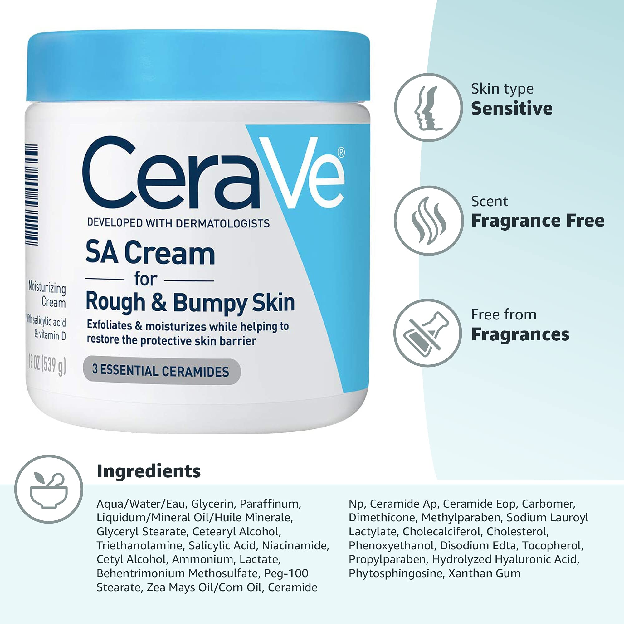 CeraVe Moisturizing Cream with Salicylic Acid | Exfoliating Body Cream with Lactic Acid, Hyaluronic Acid, Niacinamide, and Ceramides | Fragrance Free & Allergy Tested | 19 Ounce