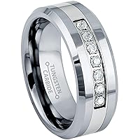 Jewelry Avalanche 7-stone Prong Set Diamond Simulated CZ Mens Tungsten Carbide Wedding Band - Polished Beveled Comfort Fit Tungsten Anniversary Ring