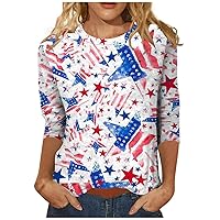 July 4th Outfit for Women Star Stripes American Flag Graphic T-Shirt 3/4 Sleeve 4Th of July Shirt Patriotic Tops