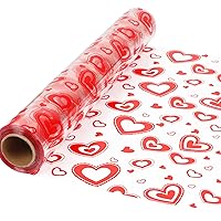 JOFONY Valentine's Day Cellophane Wrap,98’ Ft. Long X 31” in. Wide Crystal Clear with Red Hearts Packaging Wrapping Paper For Birthdays Gift Holidays Rose Flower