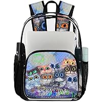 Cute Colorful Cat Kitten Clear Backpack Heavy Duty Transparent Bookbag for Women Men See Through PVC Backpack for Security, Work, Sports, Stadium