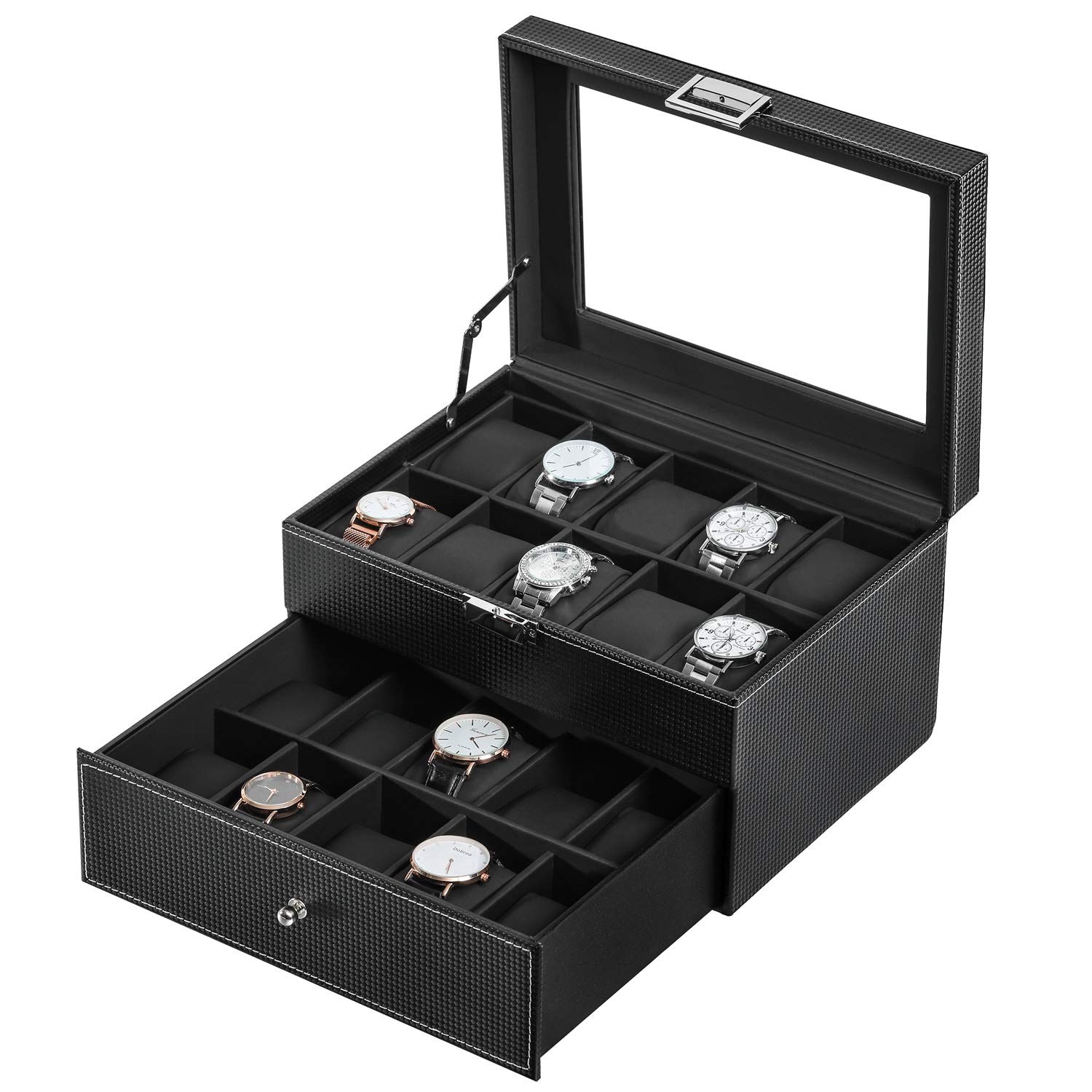 BASTUO Watch Box 20 Watch Display Organizer Storage Case Luxury Carbon Fiber Leather, Jewelry Collection Box for Men and Women, Black with Glass Top