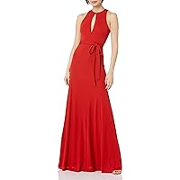 HALSTON Women's Sleeveless Matte Jersey Gown with Center Front Keyhole, Low Back and Tie Waist