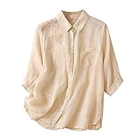Women's Button Down Cotton Linen Tunic Tops 3/4 Sleeves Embroidery Blouse