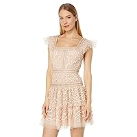 BCBGMAXAZRIA Women's Cap Sleeve a Line Evening Dress Square Neck Short Tiered Ruffle Skirt