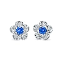 Created Round Cut Blue Topaz Gemstone In 925 Sterling Silver 14K White Gold Finish Diamond Flower Petals Stud Earring for Women's & Girl's