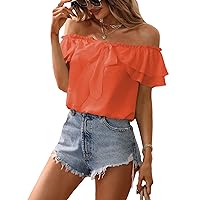 SweatyRocks Women's Off Shoulder Ruffle Trim Knot Front Blouse Tiered Layer Butterfly Short Sleeve Chiffon Tops Orange Large