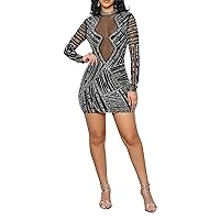 Womens Sexy Long Sleeve Mesh See Through Rhinestone Stretch Package Hip Dress Nightclub Clubwear Dress