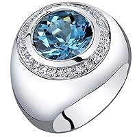 PEORA Men's Genuine London Blue Topaz Signet Ring 925 Sterling Silver, Large 5.50 Carats Round Shape 11mm, Sizes 8 to 13
