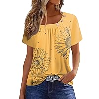 Women's Short Sleeve Blouses Bohemian Tops for Women Floral Print Pretty Casual Fashion Button Splice Loose with Short Sleeve Scoop Neck Shirts Saffron XX-Large