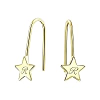 Personalized Script Initial Alphabet Letter A-Z Minimalist Alphabet Tiny Minimalist Celestial USA Patriotic Rock Star Threader Earrings For Women For Teen Real 14K Yellow Gold Customizable