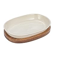 Creative Co-Op Stoneware Serving Dish with Mango Wood Base, Cream and Natural