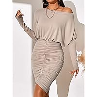 Summer Dresses for Women 2022 Batwing Sleeve Ruched Bodycon Dress Dresses for Women (Color : Khaki, Size : Small)