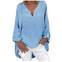Women's Vintage Linen Plus Size Tops Dressy Casual Long Sleeve V Neck Summer Blouse Loose Fit Boho Floral Print Tunic