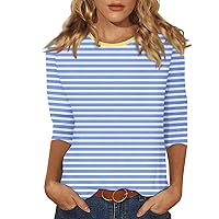 3/4 Length Sleeve Womens Tops Round Neck Stripe Print T Shirts 2024 Summer Solid Color Loose Fit Cute Blouse