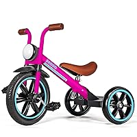 KRIDDO Kids Tricycle, 12 Inch Puncture Free Rubber Wheel w Front Light, Adjustable Seat Height, Gift for 2-5 Year Olds, Pink