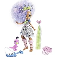 Mattel Cave Club Bashley Doll (8-10-inch, Lavender Hair) Poseable Prehistoric Fashion Doll with Dinosaur Pet and Accessories, Gift for 4 Year Olds and Up