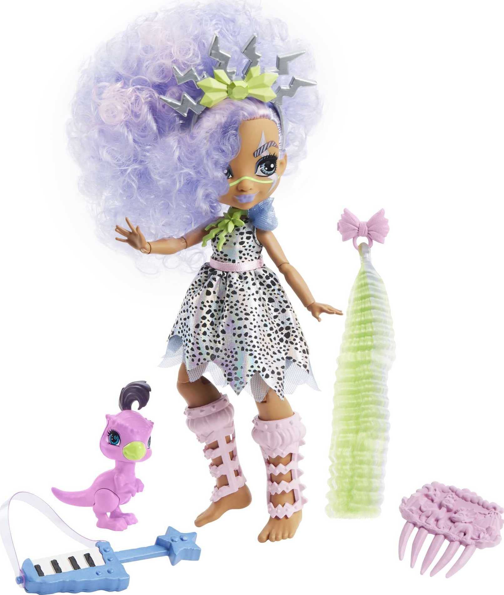 Cave Club Bashley Doll (8 – 10-inch, Lavender Hair) Poseable Prehistoric Fashion Doll with Dinosaur Pet and Accessories, Gift for 4 Year Olds and Up [Amazon Exclusive]