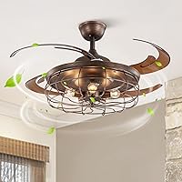 CROSSIO 48 Inches Retractable Caged Ceiling Fan with Lights, Reverse Industrial Rusty Fandelier Fan Chandelier with Remote Control for Living Room Dining Room Bedroom - 5 Lights