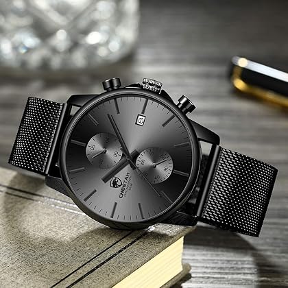 GOLDEN HOUR Mens Watch Fashion Sleek Minimalist Quartz Analog Mesh Stainless Steel Waterproof Chronograph Watches for Men with Auto Date