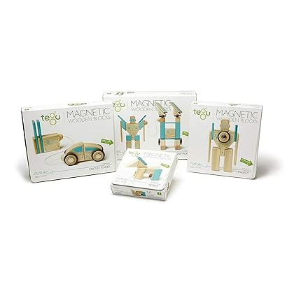 Tegu Robo Magnetic Wooden Block Set, Electric Aqua, 8 PIECE