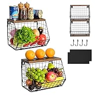 2 Pack Stackable Fruit Baskets with Wood Lid for Kitchen Counter, Wall-Mountable Hanging Basket Wire Baskets with 4 Banana Hanger Hooks, Kitchen Organizers and Storage for Snack Onion Potato