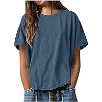 Ladies Cute Short Sleeve Shirts Blouse, Womens Fashion Summer Top 2024 Crewneck Oversized Tshirts Solid Color Tee Shirt
