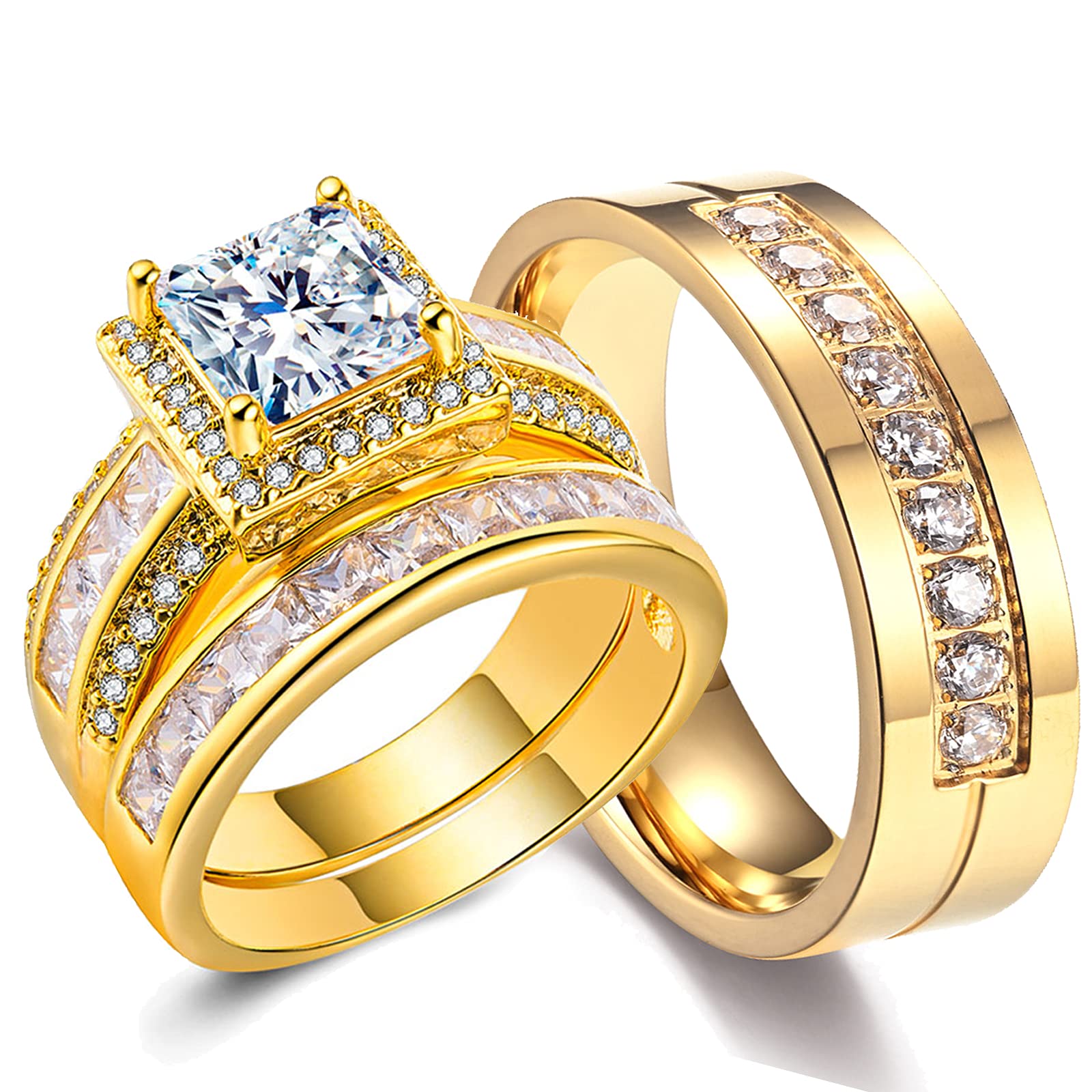 CEJUG 18k Yellow Gold Plated Wedding Ring Sets for Him and Her Women Men Titanium Stainless Steel Bands Couple Rings 3Ct Cz