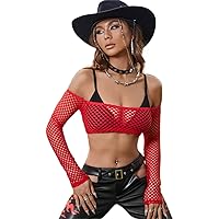 Womens Summer Tops Sexy Casual T Shirts for Women Western Cowgirl Off Shoulder Fishnet Overlay Crop Top Without Bra