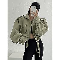 2022 Women's Jacket Flap Pocket Drop Shoulder Drawstring Hem Jacket Jackets Fashion (Color : Army Green, Size : Small)