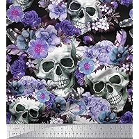 Soimoi Cotton Cambric Purple Fabric - by The Yard - 42 Inch Wide - Skull, Rose & Anemone Floral Delight - Modern Patterns for Contemporary Fashion Printed Fabric
