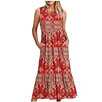 Tank Dresses for Women Summer Casual Ethnic Floral Graphic Sleeveless Maxi Swing Sundresses with Pockets Vacation Outfits