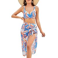 GRACE KARIN Women's Bathing Suit 3 Piece Bikini Sets High Waist Swimwear Sexy Printed Ruched Swimsuit with Cover Ups