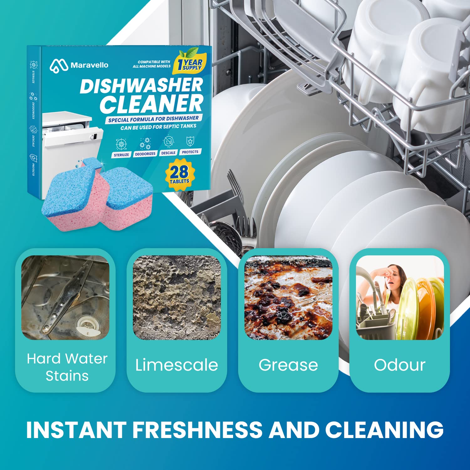 Maravello Dishwasher Cleaner And Deodorizer, Extra Clean Dishwasher Tablets, Remove Limescale, Grease and Odor, Septic Tank Safe- 28 Tablets, 12 Months Supply