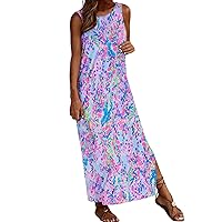 XJYIOEWT Spring Midi Dresses for Women 2024 Formal,Women's Printed Sleeveless Pocket Dress Round Neck Pullover Maxi Ankl