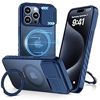 for iPhone 15 Pro Max Case with Magnetic Invisible Stand & Camera Cover [Compatible with MagSafe], Mil-Grade Shockproof Translucent Matte Black Phone Cover 6.7