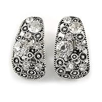 Marcasite C Shape Crystal Clip On Earrings In Aged Silver Tone - 27mm Tall